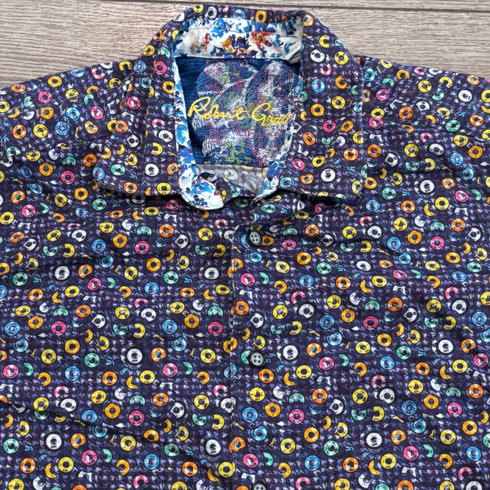 Robert Graham Button Down Shirt Mens Small Vinyl Record Print Short Sleeve